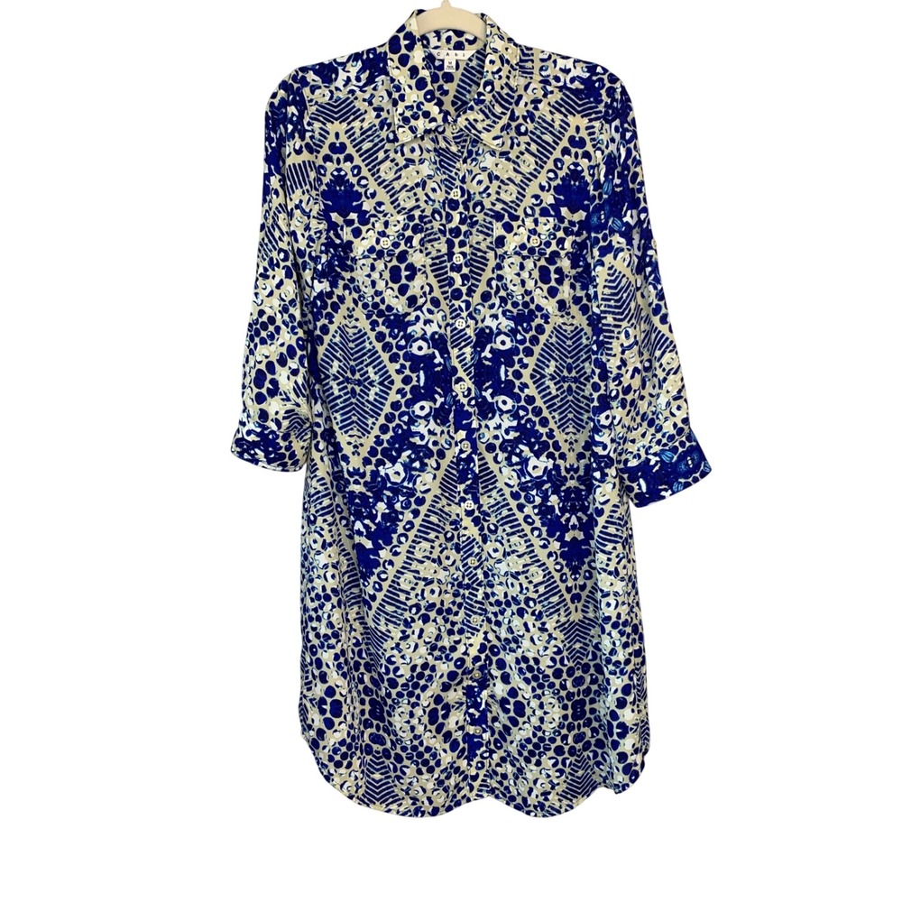Cabi 422 M Blue Jewel Print‎ Shirt Dress Long Sleeve Button Down Roll Tab Pocket